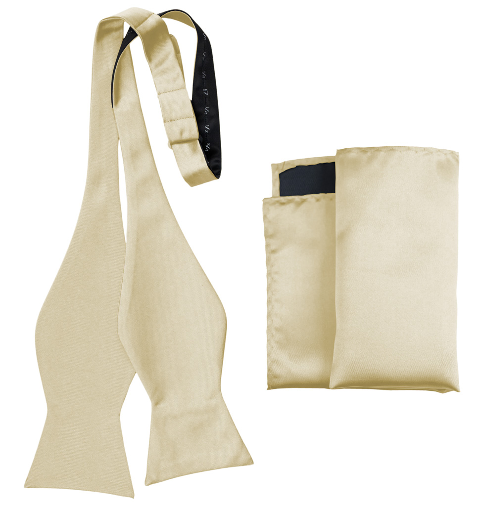 Solid Self Tie Bow Tie and Handkerchief Off White AWSTBT100H