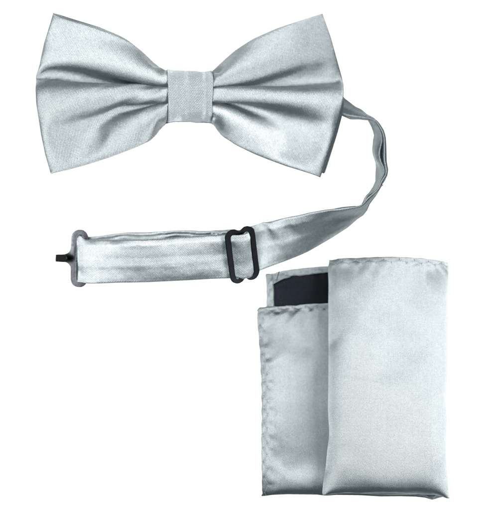 Solid Bow Tie and Handkerchief Set Silver