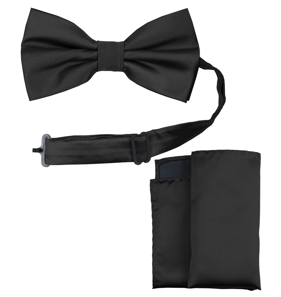 Solid Bow Tie and Handkerchief Set Black