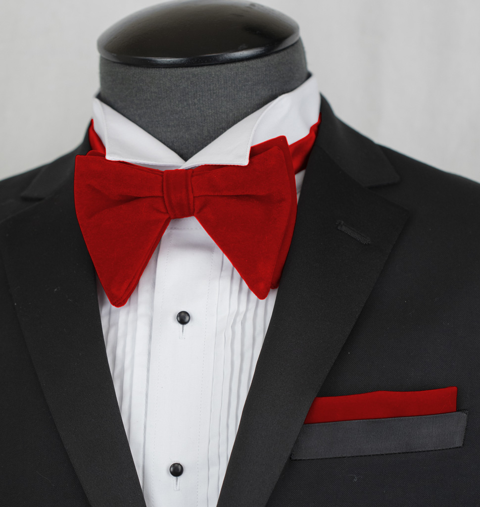 Solid Long Velvet Bow Ties With Handkerchief Clr.O