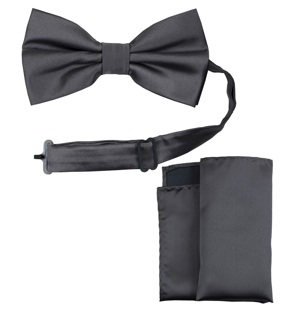 Solid Bow Tie and Handkerchief Set Charcoal