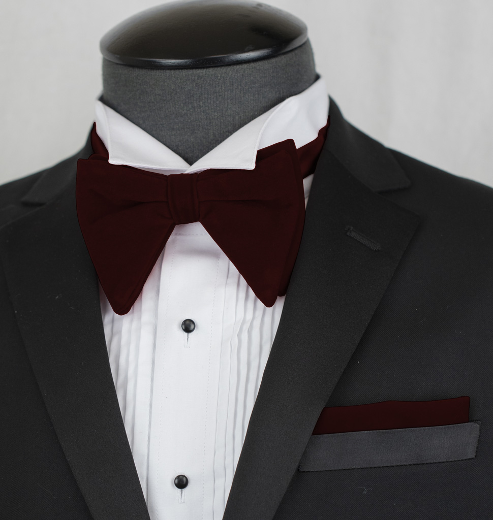 Solid Long Velvet Bow Ties With Handkerchief Clr.Mm