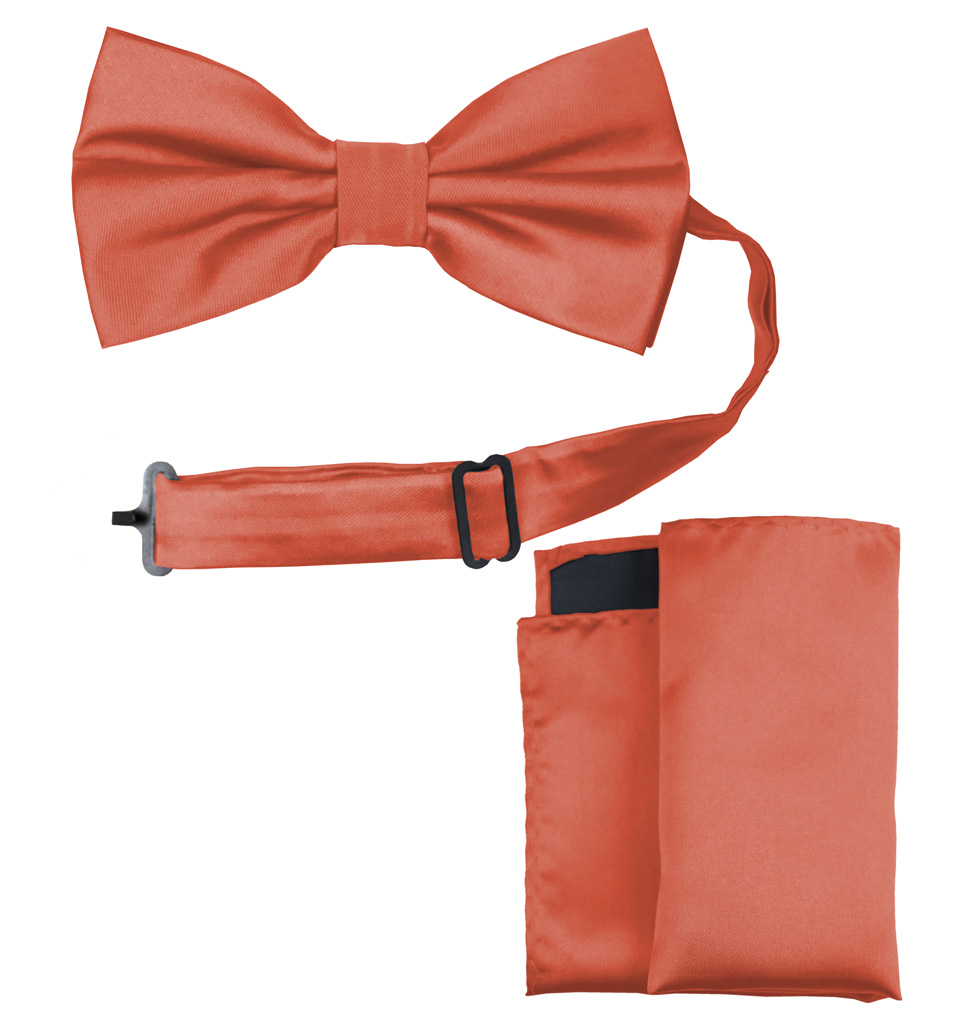 Solid Bow Tie and Handkerchief Set Coral