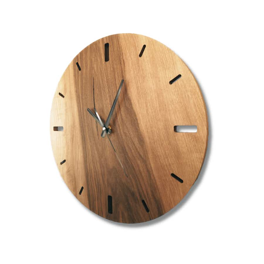 round wall clock walnut wood side view.