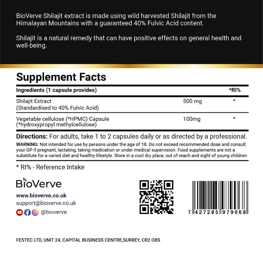 Shilajit 500mg 40% Fulvic Acid Back Package description