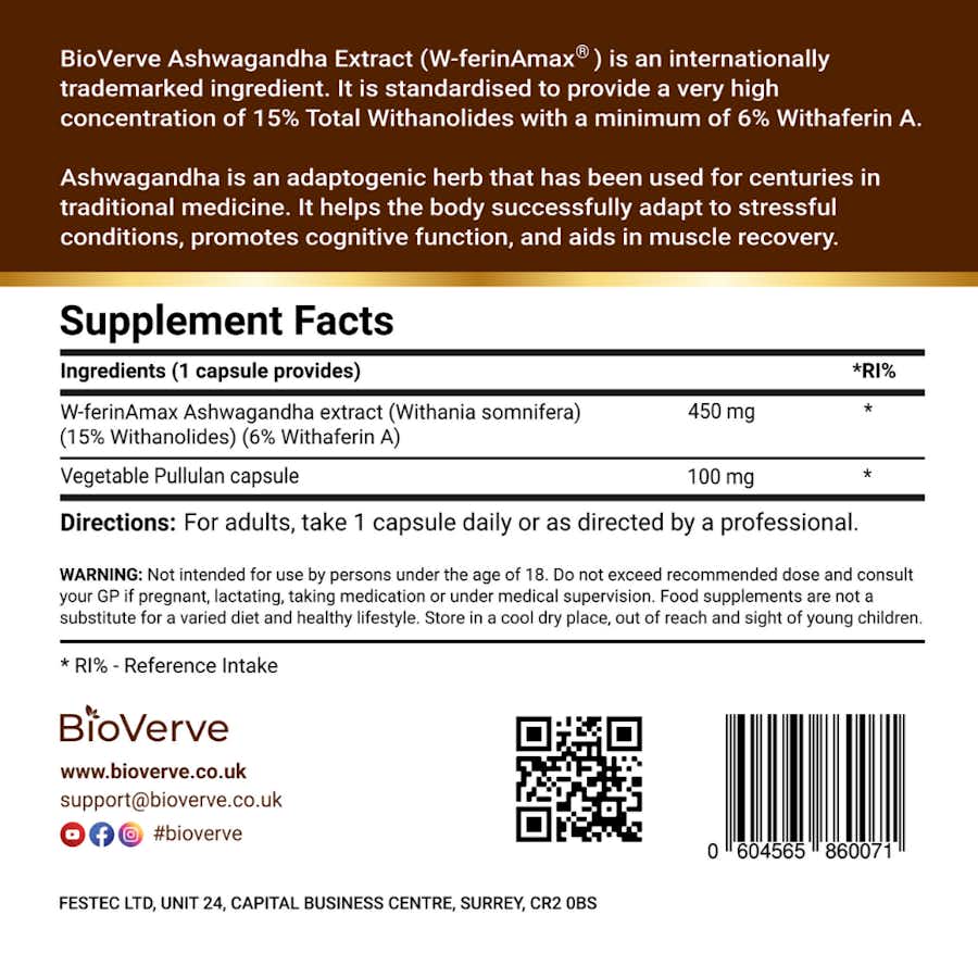 W-ferinAmax Ashwagandha 450mg 15% Withanolides 6%Withaferin A Back label