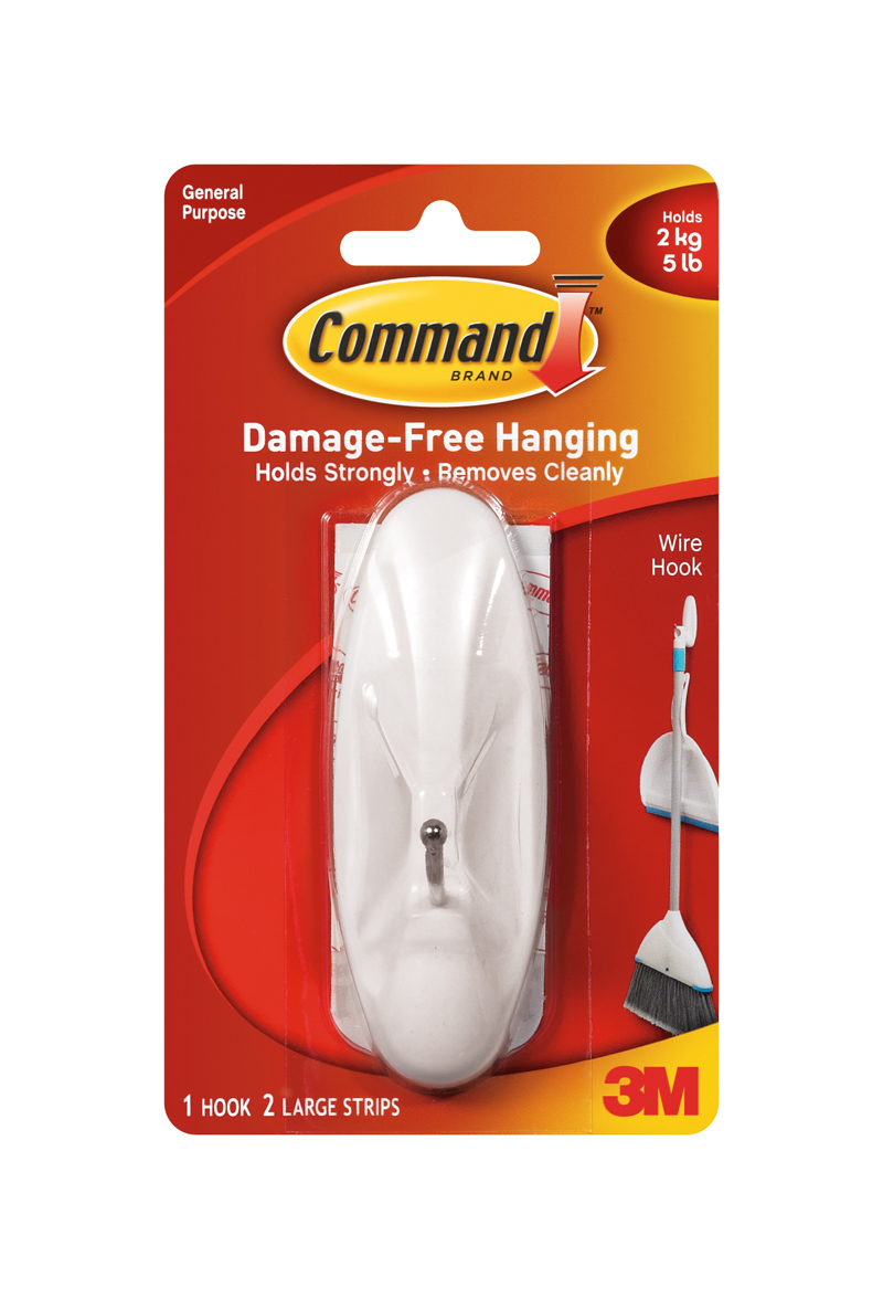 Command Large Wire Hook Adhesive No Damage Plastic 1 Hook 2 Strips White, 2  Pack