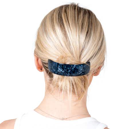 10cm Curved Barrette Clip | Colour: Blue | Handmade in France | Worn by Model | Ebuni Hair Accessories