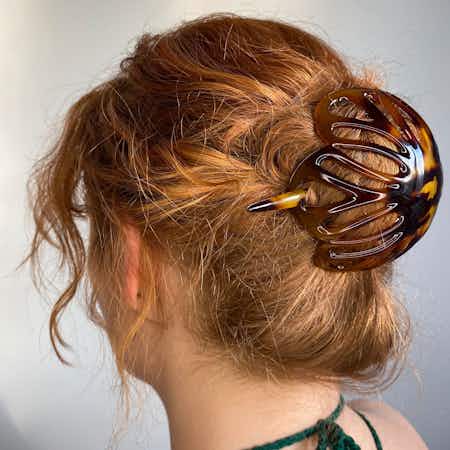 The Romaine Hair Bun Holder and pin / Hair Bun Maker | Colour:  Light Tortoiseshell | In models Hair | Ebuni Hair Accessories