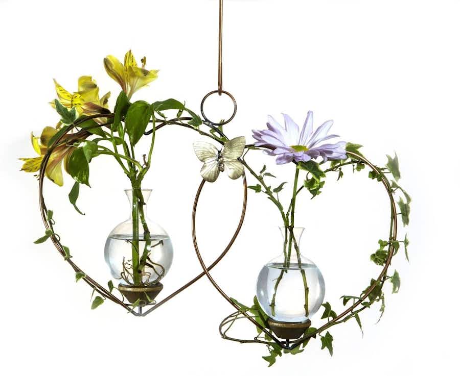 Double Heart Hanging Plant Propagation Rooter Vase with plants and flowers