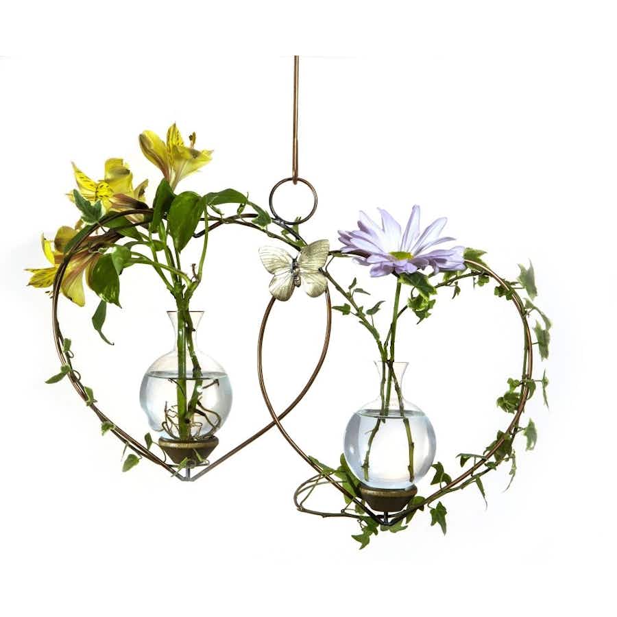 Double Heart Hanging Plant Propagation Rooter Vase with plants and flowers