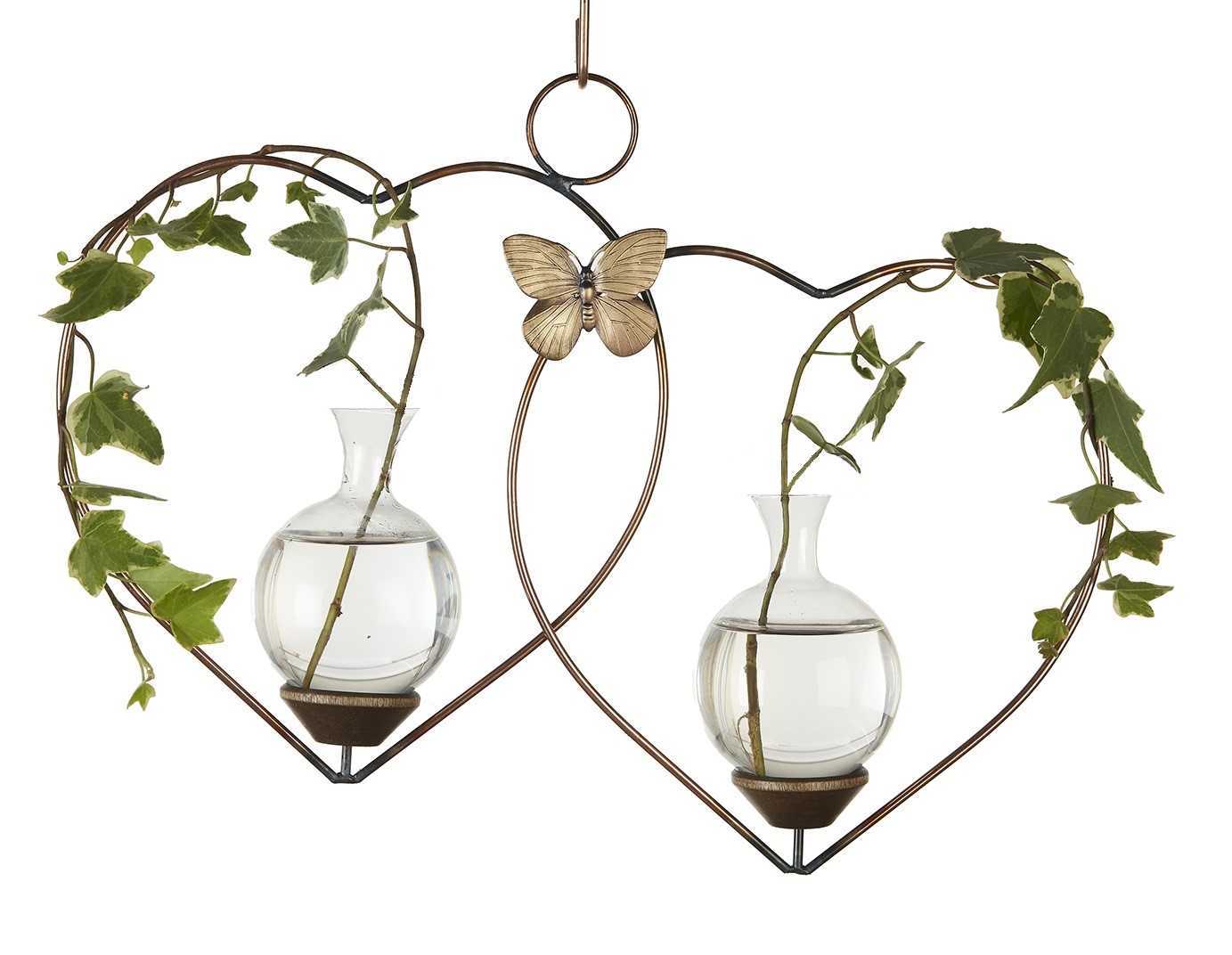 Double heart hanging rooting vase with copper finish, Brass Butterfly accent, and two handblown glass vases. with wondering plant cuttings in water