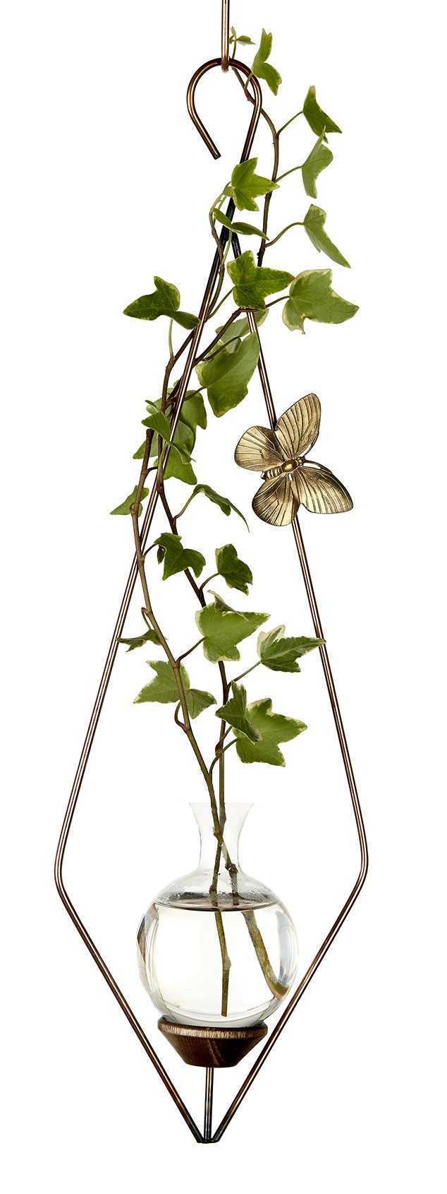Diamond hanging rooting vase with Brass Butterfly accent and handblown glass vase and ivy plant cutting in water