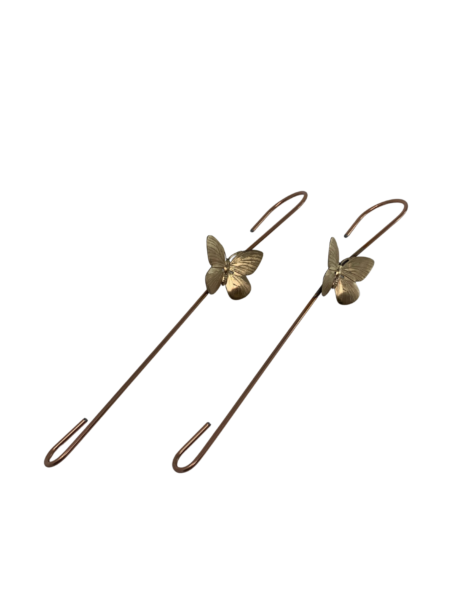 Set of two handcrafted decorative hooks with brass butterfly accents, copper finish.