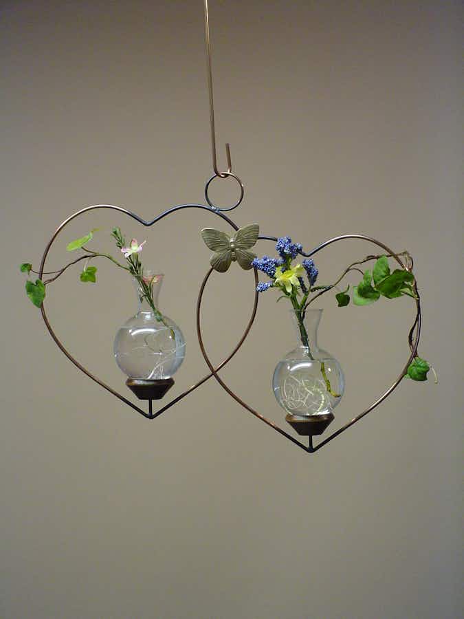 Double Heart Hanging Plant Propagation Rooter Vase with plants in each vase