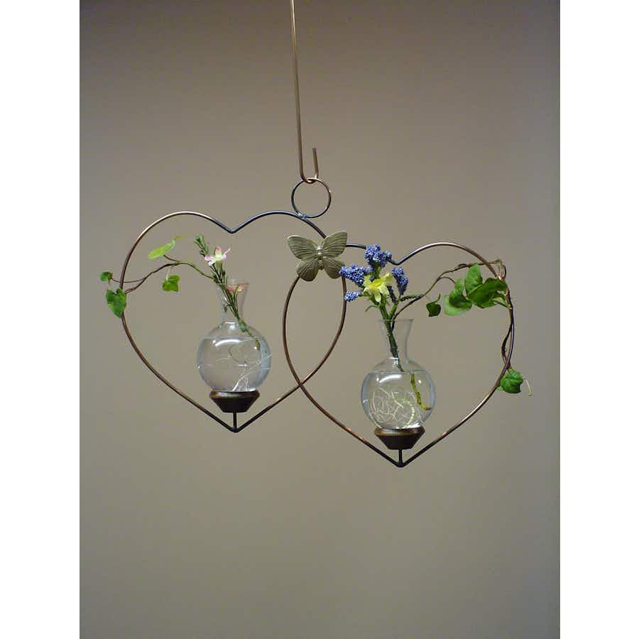 Double Heart Hanging Plant Propagation Rooter Vase with plants in each vase