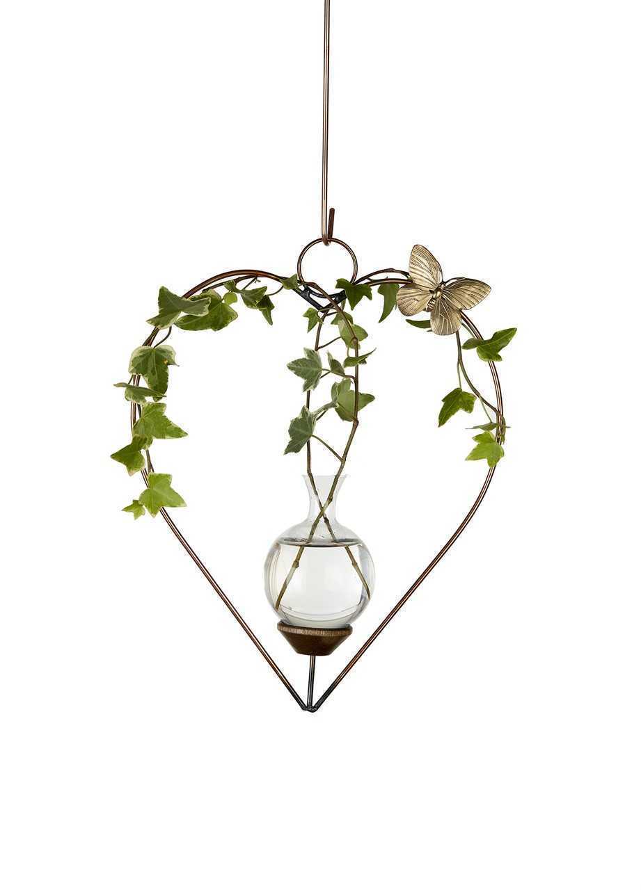 heart hanging rooting vase with Brass Butterfly accent and handblown glass vase with ivy plant in water