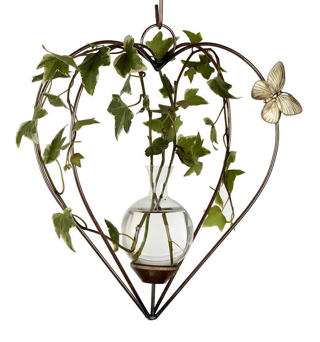 Dimensional heart hanging rooting vase with copper finish, Brass Butterfly accent, and handblown glass vase. with ivy plants