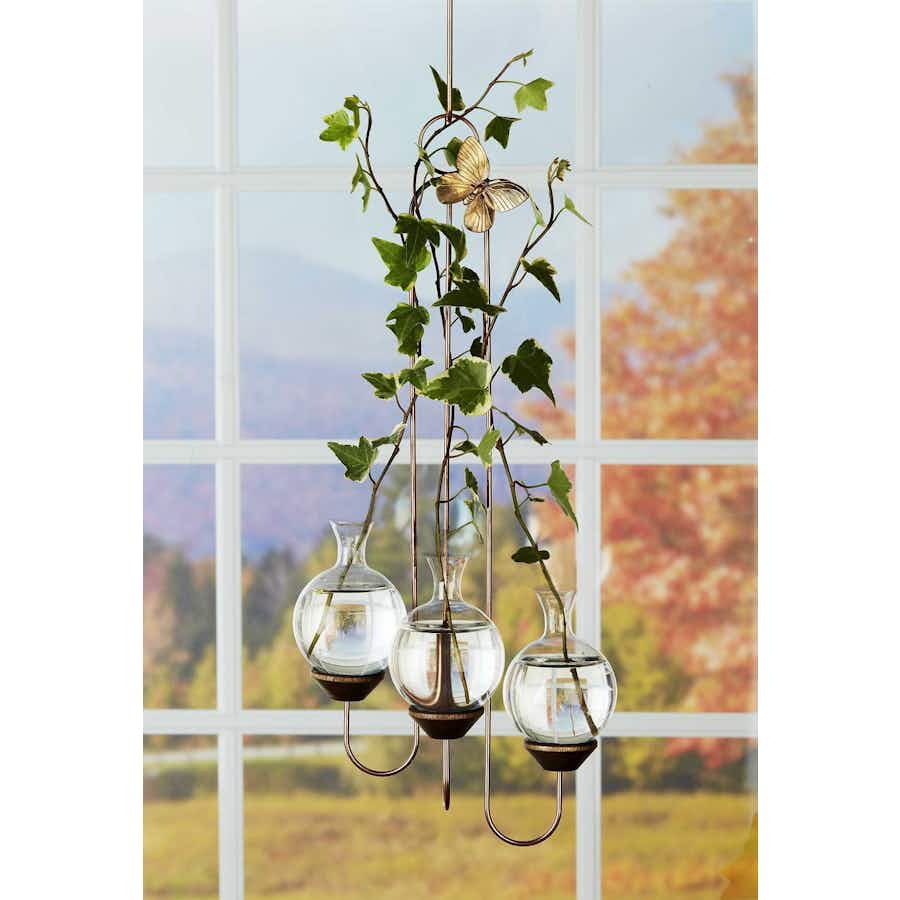 Triple Vase Plant Propagation Rooter with ivy in water in front of a window