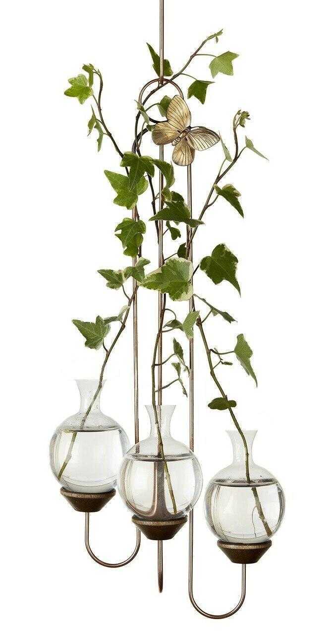 Triple hanging rooting vase with Brass Butterfly accent and three handblown glass vases with ivy cuttings in each vase