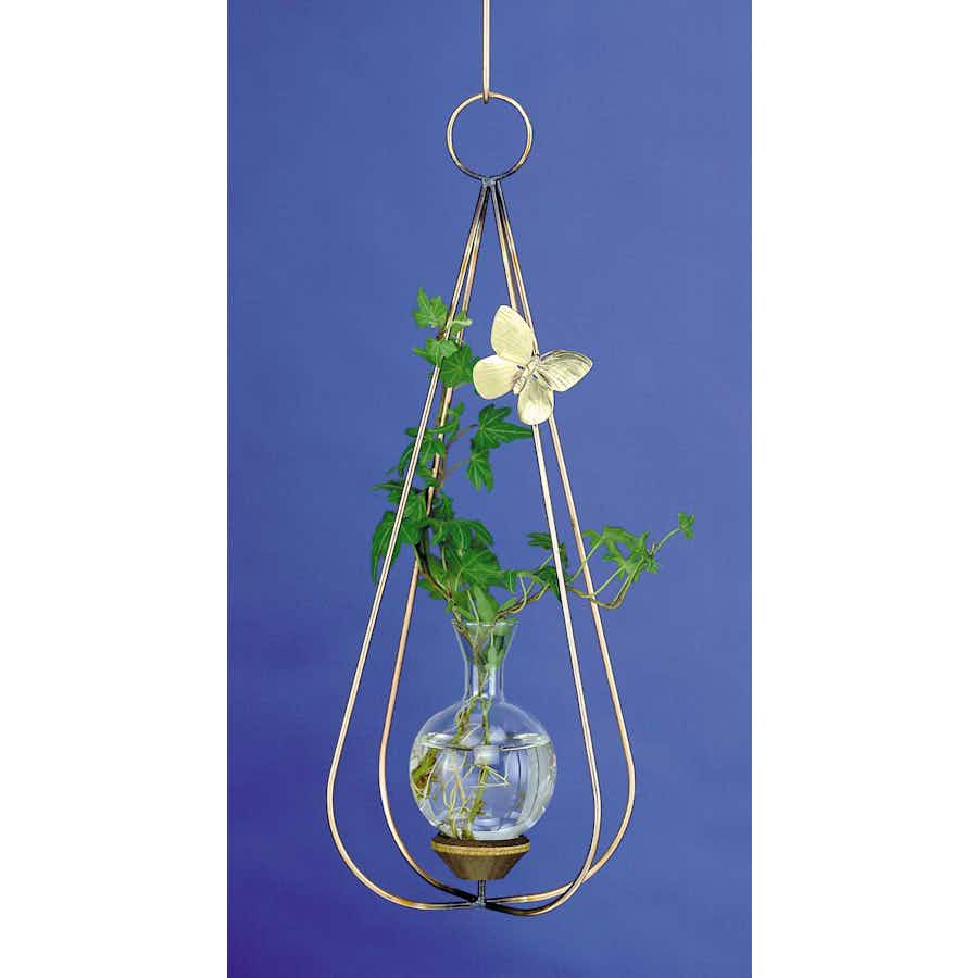 Teardrop Dimensional Plant Propagation Rooter Vase shows a brass butterfly with plant in water